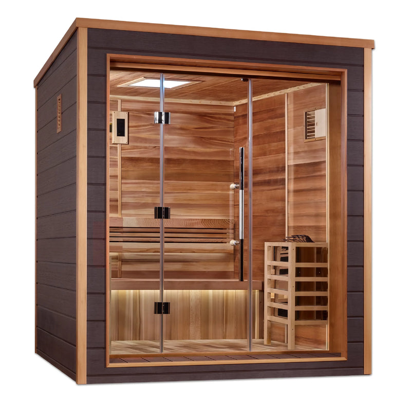Golden Designs Drammen Outdoor-Indoor Traditional Sauna (GDI-8203-01) – Canadian Red Cedar Interior | GDI-8203-01 / Drammen | 3 Person