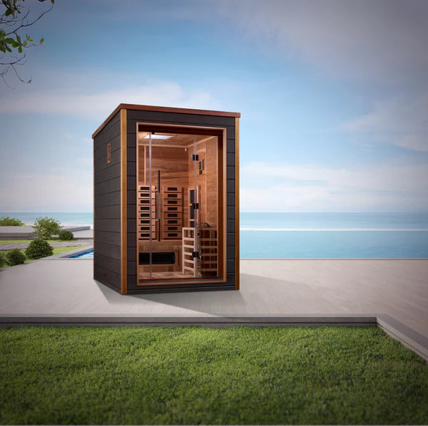 Golden Designs Nora Outdoor-Indoor PureTech™ Hybrid Full Spectrum Sauna – Canadian Red Cedar Interior | GDI-8222-01 Nora | 2 Persons