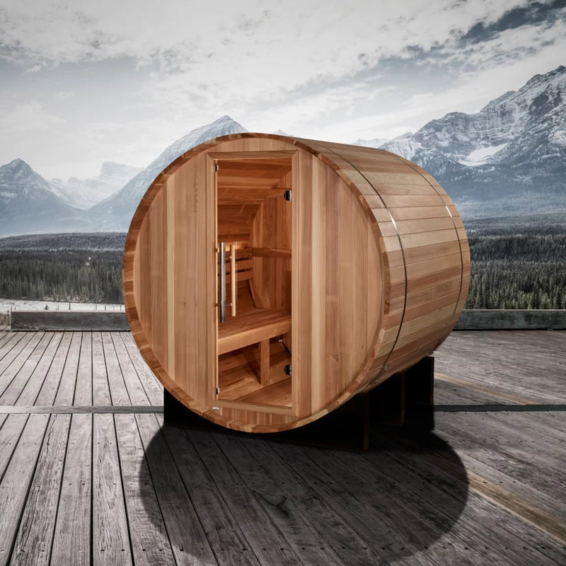 Golden Designs Barrel Traditional Sauna – Pacific Cedar | GDI-B002-01 / St. Moritz | 2 Person