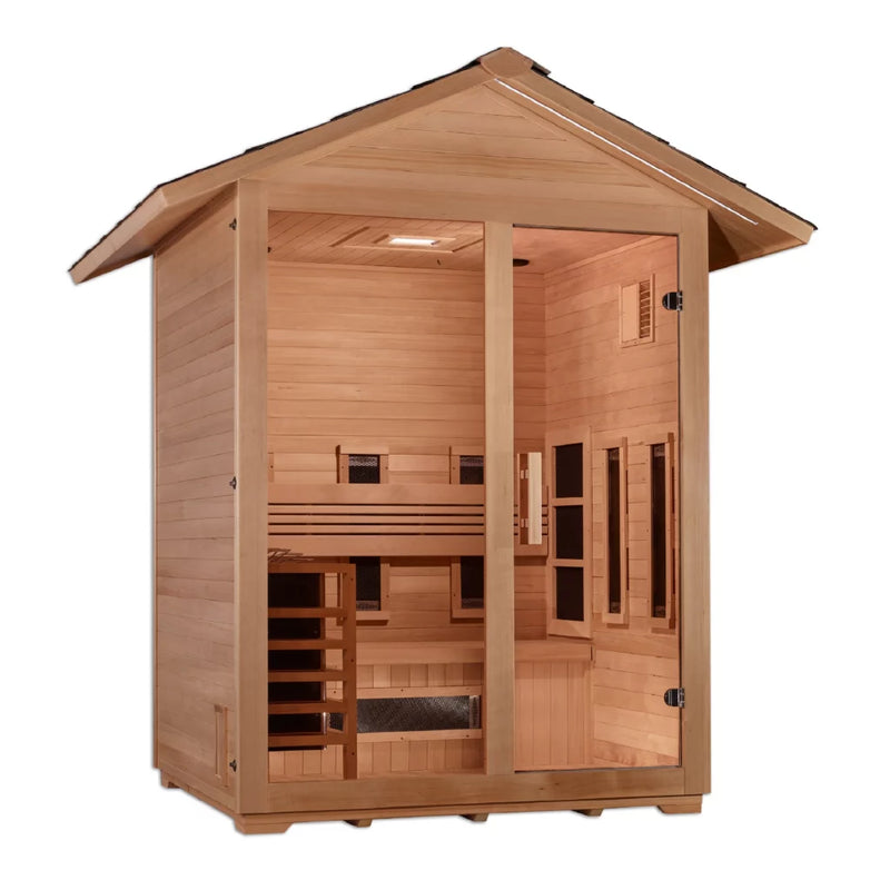 Golden Designs Carinthia Hybrid (PureTech™ Full Spectrum IR or Traditional Stove) Outdoor Sauna – Canadian Hemlock | GDI-8123-01 Carinthia | 3 Persons