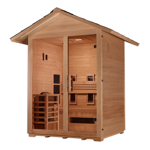 Golden Designs Carinthia Hybrid (PureTech™ Full Spectrum IR or Traditional Stove) Outdoor Sauna – Canadian Hemlock | GDI-8123-01 Carinthia | 3 Persons