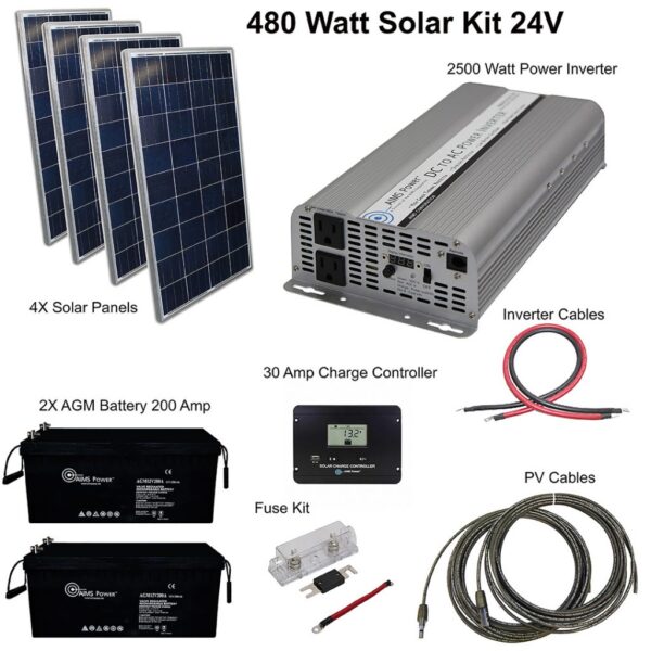 Aims Power Off Grid Solar Kit | 2500W Power Inverter | 480 Watt Solar Panels | 200 A Batteries