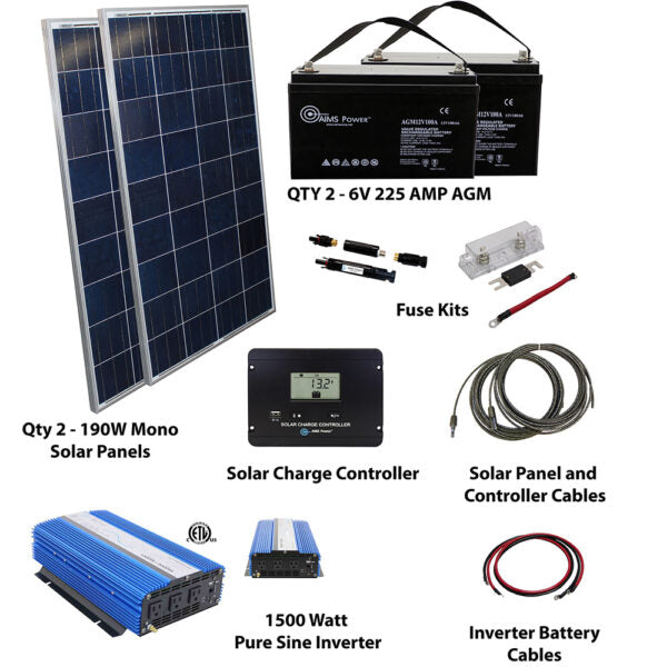 Aims Power Off Grid Solar Kit | 1500W Pure Sine Inverter | 380 Watt Solar Panels | 225 Amp Batteries