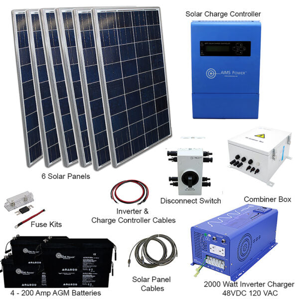 Aims Power Off Grid Solar Kit | 2000W Pure Sine Inverter Charger | 1980 Watt Solar Panels | 200 A Batteries