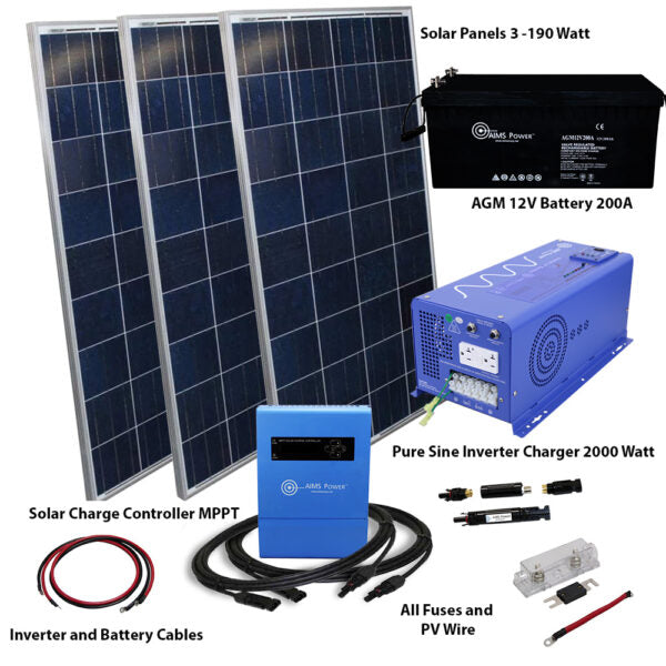 Aims Power Off Grid Solar Kit | 2000W Pure Sine Inverter Charger | 570 Watt Solar Panels | 200 A Batteries