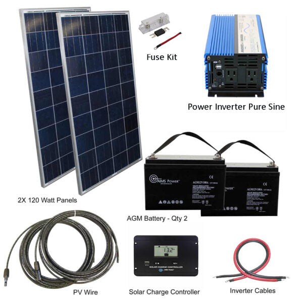 Aims Power Off Grid Solar Kit | 600W Pure Sine Inverter | 240 Watt Solar Panels | 200 Amp Batteries