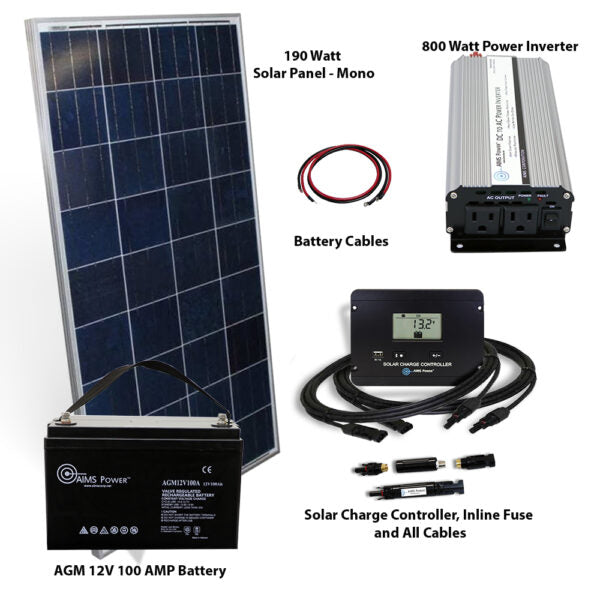Aims Power Off Grid Solar Kit | 800W Pure Sine Inverter | 190 Watt Solar Panels | 100 Amp Batteries