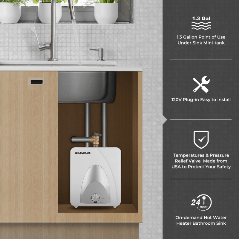 Camplux Electric Mini Tank Point of Use Water Heater 120V - 1.3 Gallon