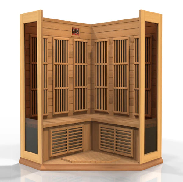 Maxxus Sauna Avignon Corner Near Zero EMF FAR Infrared Sauna – Canadian Red Cedar | MX-K356-01-ZF CED | 3 Persons