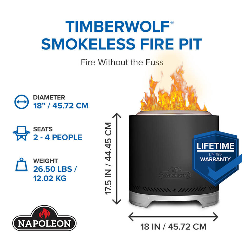 Napoleon Timberwolf Smokeless Wood Fire Pit 18-inch, Matte Black