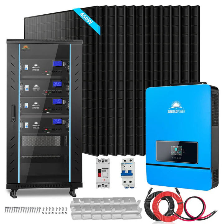 SunGold Power Off Grid Solar Kit 10000W 48VDC 120V/240V LifePO4 20.48KWH Lithium Battery 12 X 450 Watts Solar Panels | SGR-10K20E