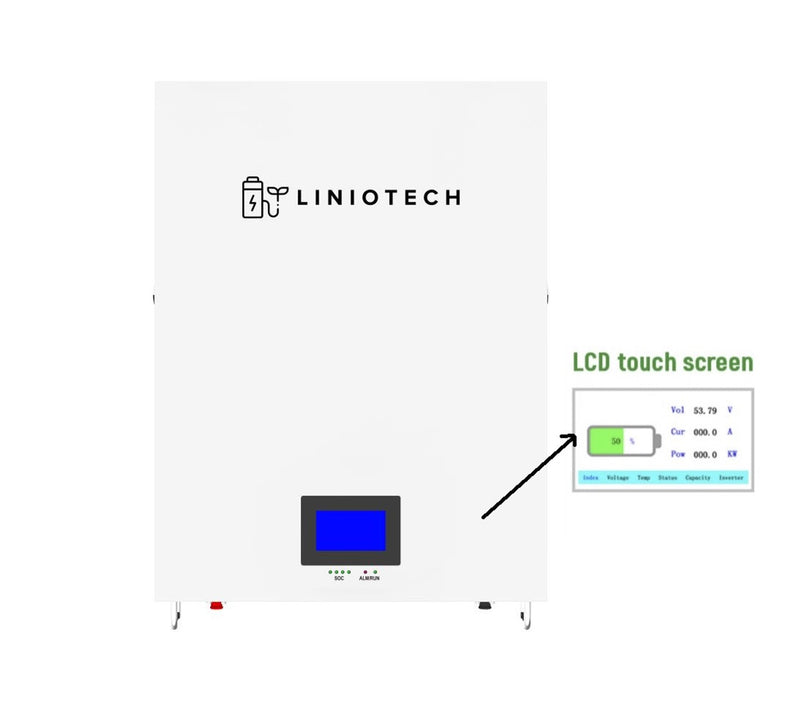 LINIOTECH 10 KWH 51.2V 200Ah Lifepo4 Power Reserve Power Wall Battery Storage Wall Mounted UL1973 LCD Touch Screen