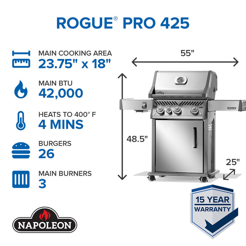 Napoleon Rogue® PRO 425 SIB Stainless Steel Gas Grill with Infrared Side Burner