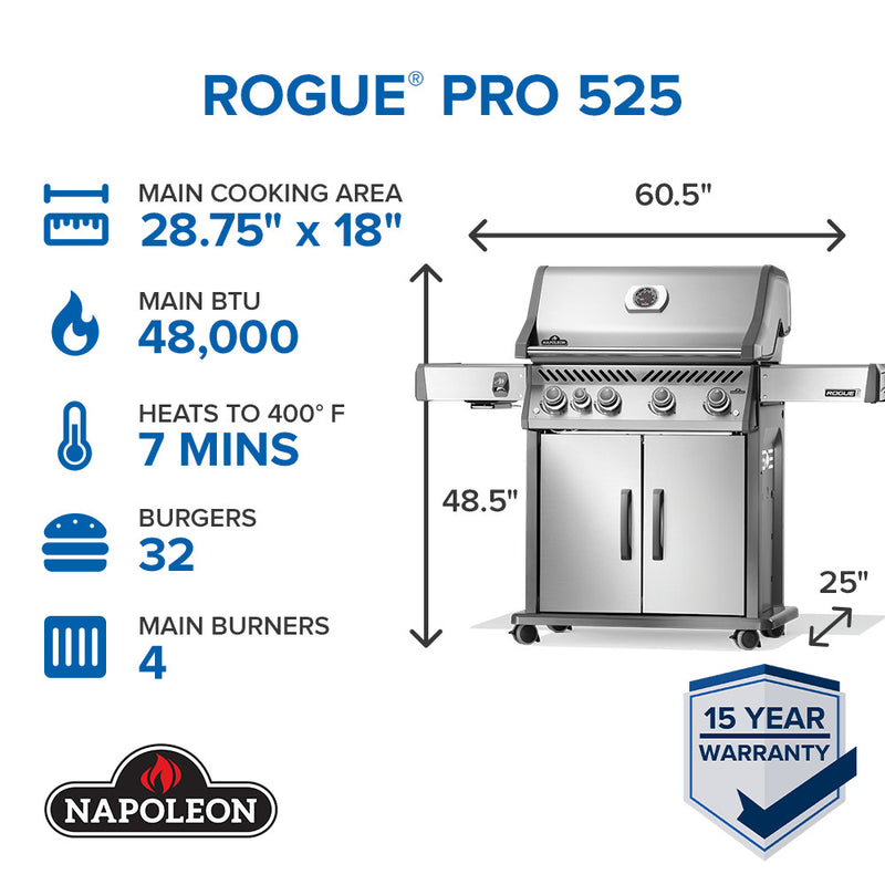 Napoleon Rogue® PRO 525 SIB Stainless Steel Gas Grill with Infrared Side Burner