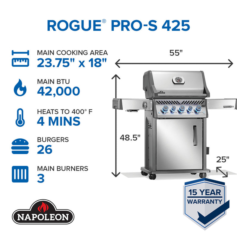 Napoleon Rogue® PRO-S 425 RSIB Stainless Steel Gas Grill with Infrared Side and Rear Burner