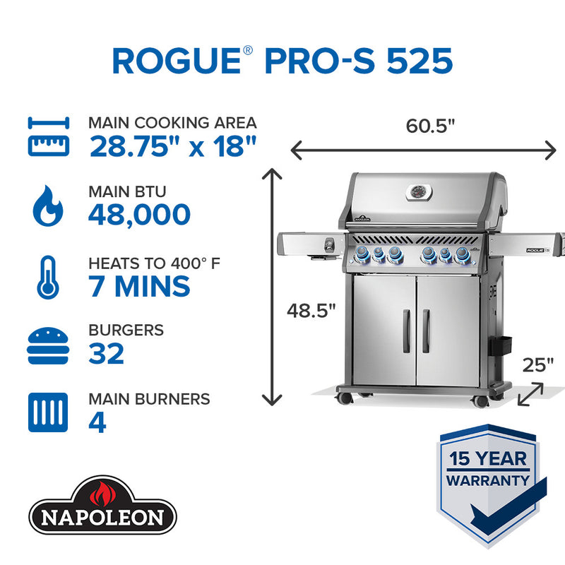 Napoleon Rogue® PRO-S 525 RSIB Stainless Steel Gas Grill with Infrared Side and Rear Burner