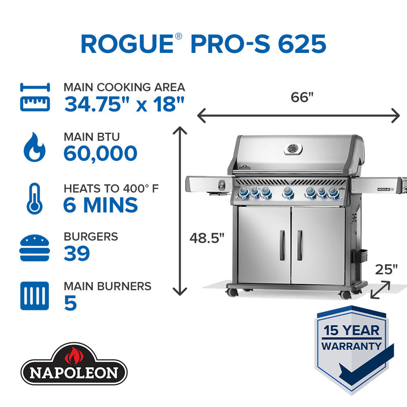 Napoleon Rogue® PRO-S 625 RSIB Stainless Steel Gas Grill with Infrared Side and Rear Burner