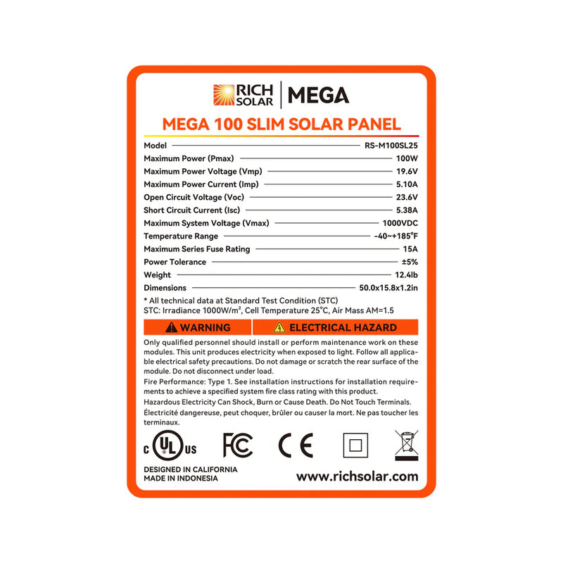 Rich Solar MEGA 100 SLIM | 100 Watt Slim Solar Panel