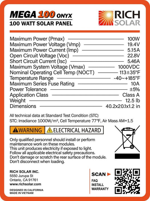 Rich Solar Mega 100 ONYX Solar Panel Details