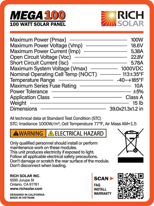 Rich Solar Mega 100 Watt Monocrystalline Solar Panel Details