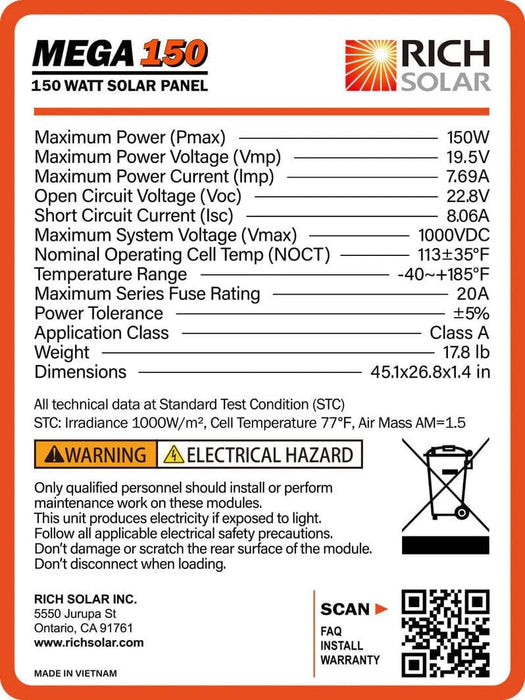 Rich Solar Mega 150 Watt Monocrystalline Solar Panel