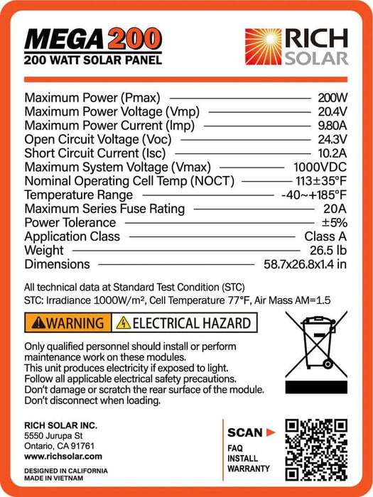 Rich Solar Mega 200 Watt Monocrystalline Solar Panel