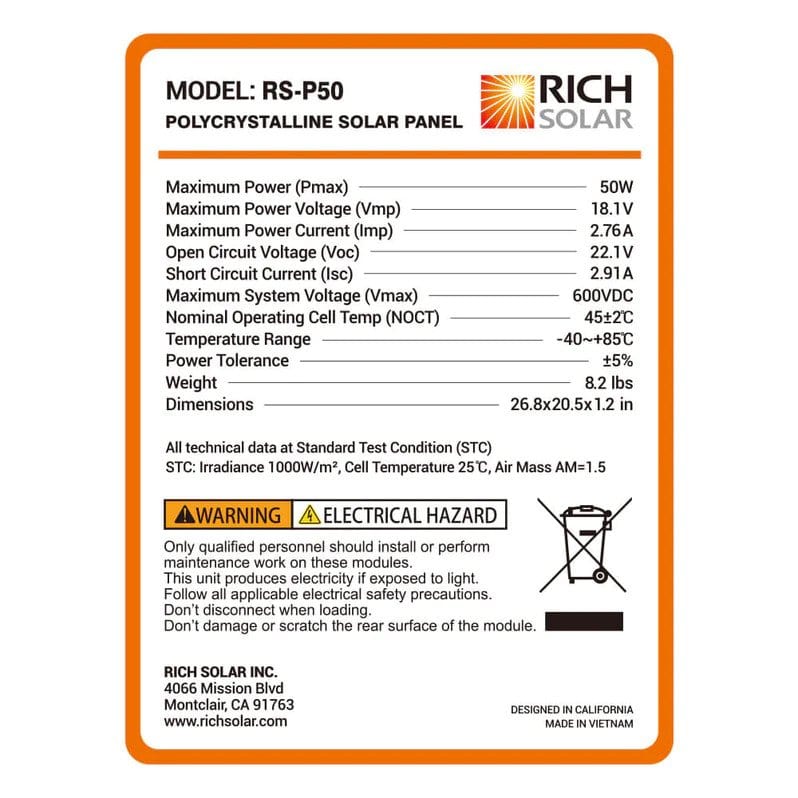 Rich Solar Mega 50W Solar Panel Details