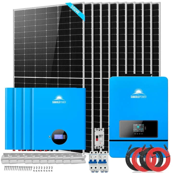 SunGold Power Off Grid Solar Kit 10KW Solar Inverter 48VDC 120V/240V 4 X 5.12KWH PowerWall Lithium Battery 10 X 550 Watts Solar Panels