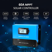 60 amp MPPT solar controller with the following features Auto system voltage, Built-in Bluetooth, MPPT tracing efficiency of over 99%, Settable charging current from 0 to 60 amps, App monitor, The controller sits on a background of blue circuits with white dots.