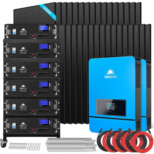 Complete solar power system featuring multiple black solar 440W panels, stack of black Sungold Power SG48-100P battery storage units with digital displays, 2 blue Sungold Power inverters, and various installation accessories, including red and black cables, connectors, and mounting hardware