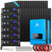 Complete solar power system featuring multiple black solar 440W panels, stack of black Sungold Power SG48-100P battery storage units with digital displays, 2 blue Sungold Power inverters, and various installation accessories, including red and black cables, connectors, and mounting hardware