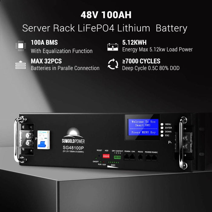 Sungold Power 48V 100AH server rack LiFePO4 lithium battery. Highlights key features, including a 100A BMS with equalization function, 5.12KWH energy capacity, support for up to 32 batteries in parallel, and ≥7000 deep cycles at 0.5C and 80% depth of discharge (DOD). The battery has a digital display and multiple connection ports for integration.
