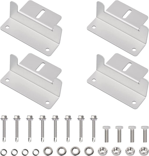 four solar panel mounting brackets, with one slot and four mounting holes each. Includes the mounting hardware: screws, nuts, and washers.