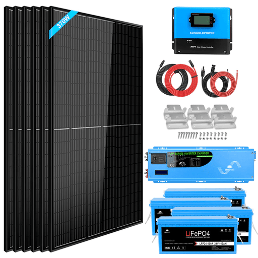 Solar energy setup with multiple panels, inverter, and battery components