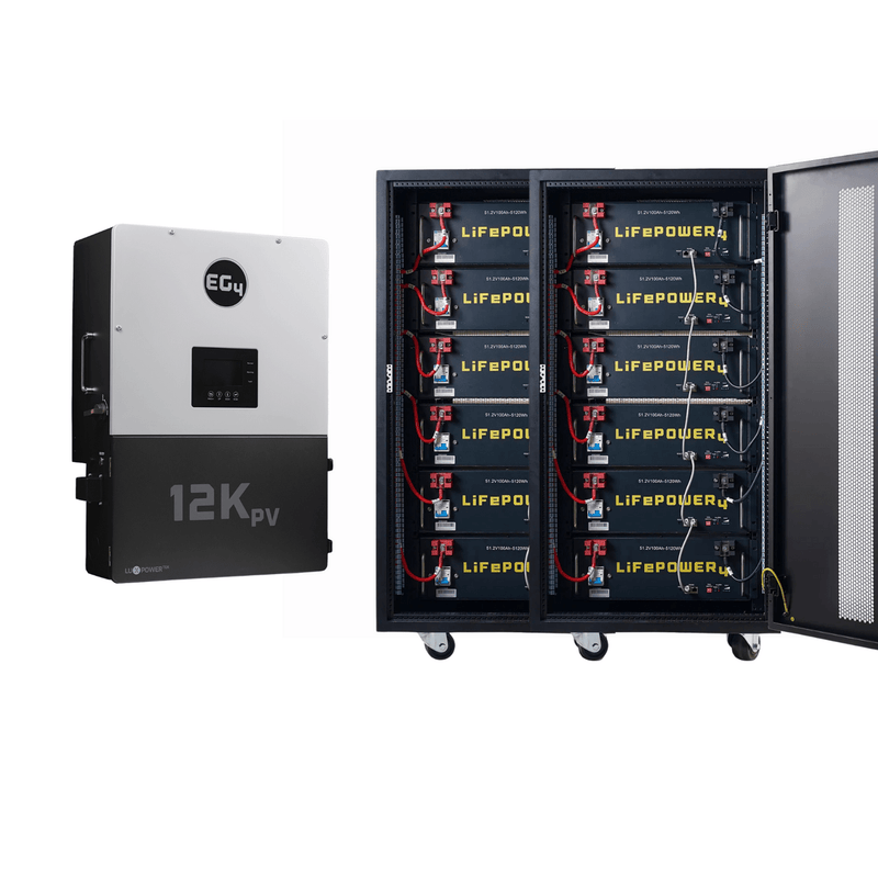 EG4 Hybrid Power Kit | 8kW 120/240V Output 48VDC - 61.44kWh System Bundle | EG4 12kPV Hybrid Inverter + 12 x EG4 LifePower4 V2 Lithium Server Rack Battery | 2 x Battery Rack