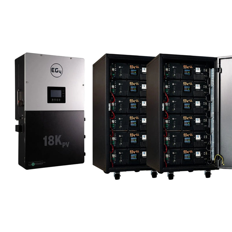 EG4 Hybrid Power Kit | 12kW 120/240V Output 48VDC - 61.44kWh System Bundle | EG4 18kPV Hybrid Inverter + 12 x EG4 LifePower4 V2 Lithium Server Rack Battery | 2 x Battery Rack