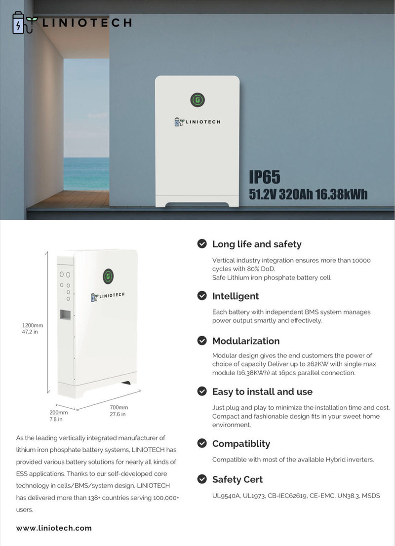 LINIOTECH 14.33KWH Lifepo4 48V 280Ah Battery Storage | IP65 Outdoor Rated Floor Mount UL1973 | Sol-Ark UL9540 | UL9540A | CEC