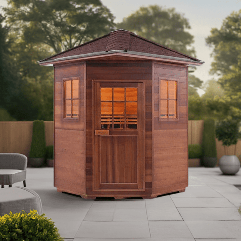 Enlighten InfraNature Duet Sapphire 4 Corner Peak Roof Hybrid Infrared/Traditional Outdoor Sauna | 4 Persons