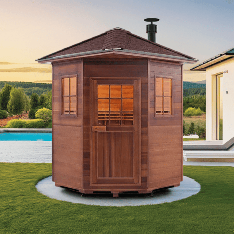 Enlighten SaunaTerra MoonLight 4 Corner Peak Roof Dry Traditional Outdoor Sauna | 4 Persons