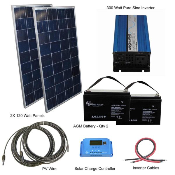 Aims Power Off Grid Solar Kit | 300W Pure Sine Power Inverter | 240 Watt Solar Panels | 200 A Batteries
