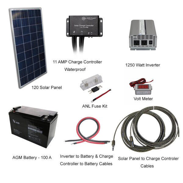 Aims Power Off Grid Solar Kit | 1250W Power Inverter | 120 Watt Solar Panels | 100 A Batteries