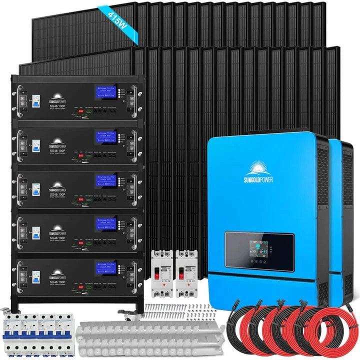SunGold Power Off Grid Solar Kit 16KW 48VDC 120V/240V LiFePO4 25.6KWH Lithium Battery 32 X 415 Watts Solar Panels