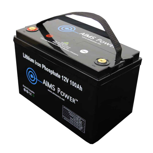 Aims Power LiFePO4 12V 100 AH Lithium Battery - Bluetooth Front Right View