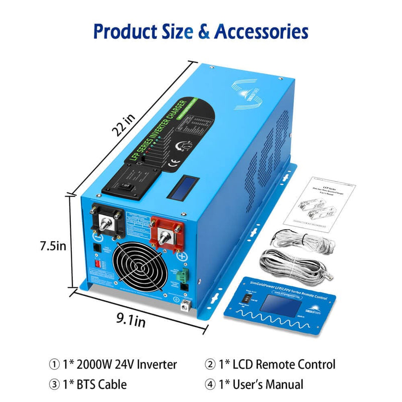 SunGold Power 3000W DC 24V Low Frequency Inverter product size/dimensions and accessories