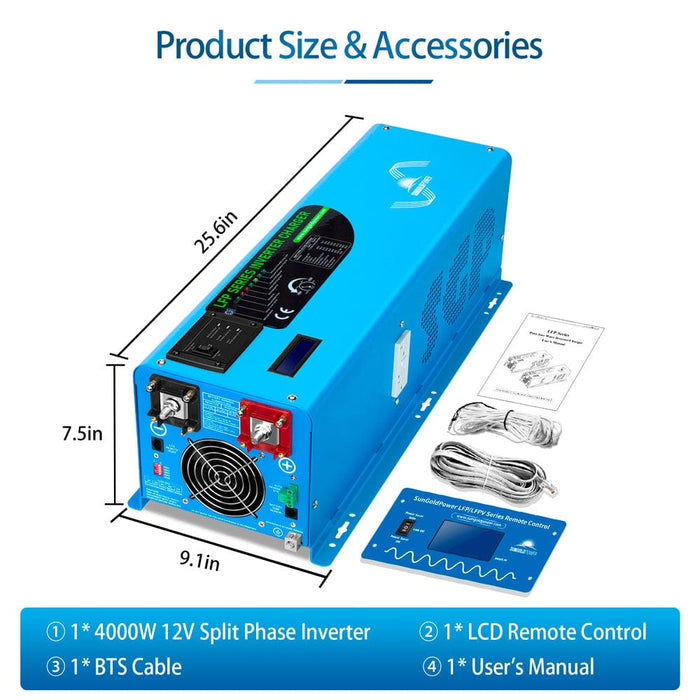 SunGold Power 4000W DC 12V Pure Sine Split Phase Inverter product size and accessories