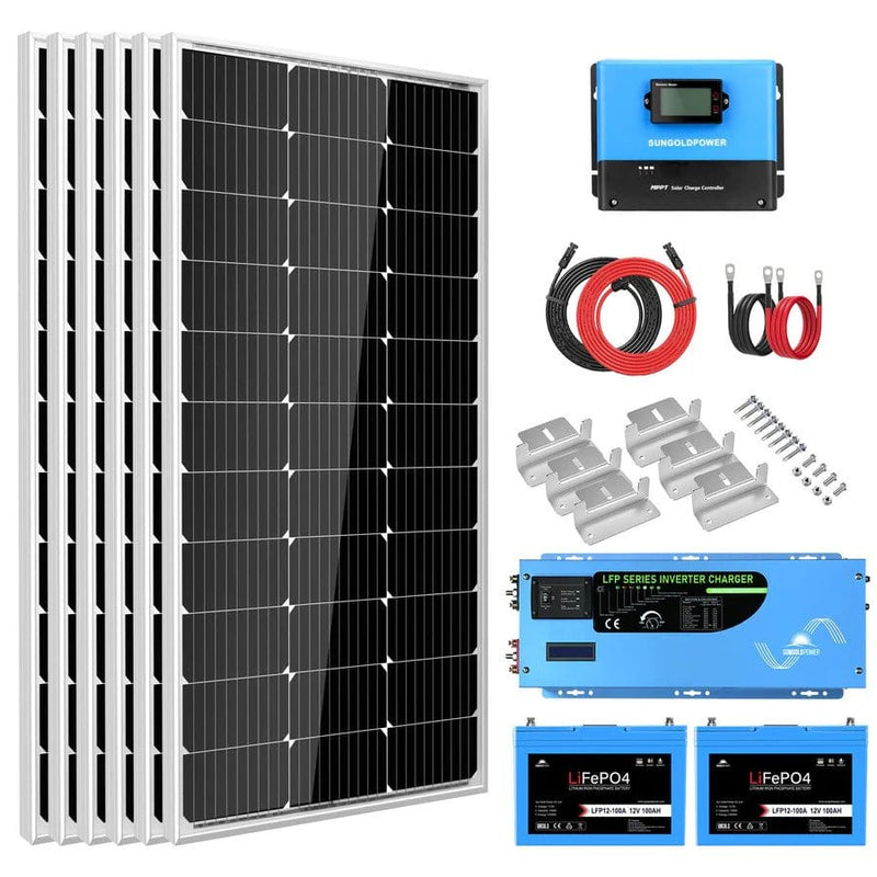 SunGold Power Off Grid Solar Kit 3000W Inverter 12VDC 120V Output LiFePO4 Battery 600 Watt Solar Back up and accessories